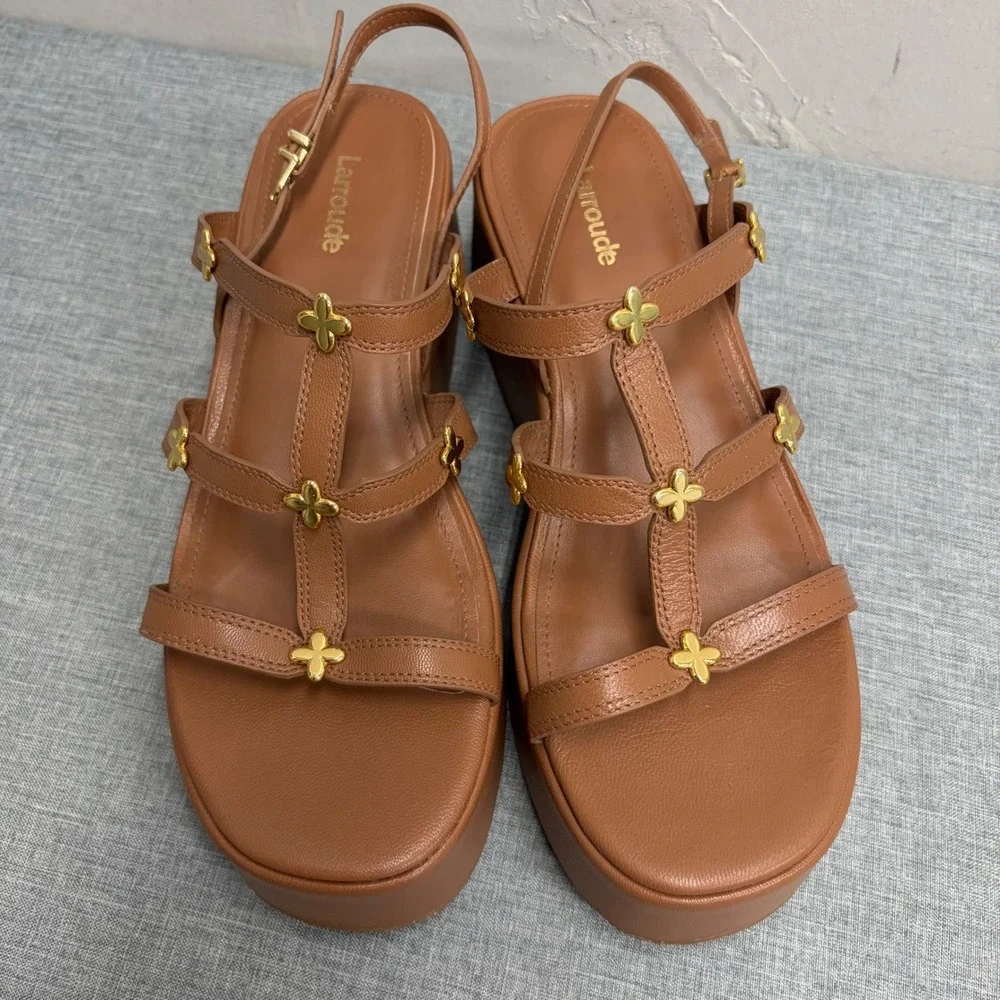 Larroude Platform Sandals Womens 9 Tan Leather Gold Floral Strappy Gladiator V58